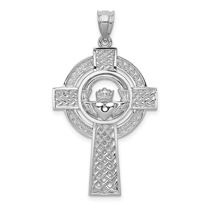 Million Charms 14K White Gold Themed Celtic Claddagh Relgious Cross Pendant