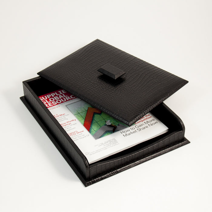 Occasion Gallery Black Color Black "Croco" Leather Letter Tray with Cover.  10.5 L x 13.75 W x 2.25 H in.
