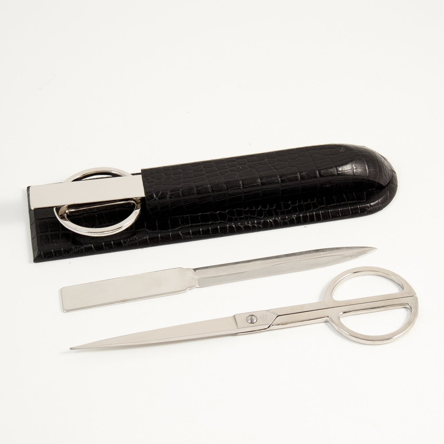 Occasion Gallery Black/Gold Color Black "Croco" Leather Library Set. Includes Silver Plated Letter Opener and Scissors. 3 L x 11 W x 2 H in.