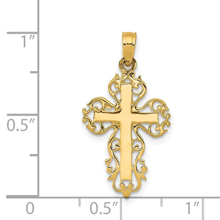 Million Charms 14K Yellow Gold Themed Polished Filigree Relgious Cross Charm