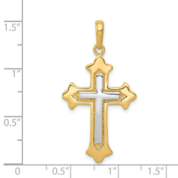 Million Charms 14K Yellow Gold Themed Two-Tone Fleur De Lis Relgious Cross Pendant