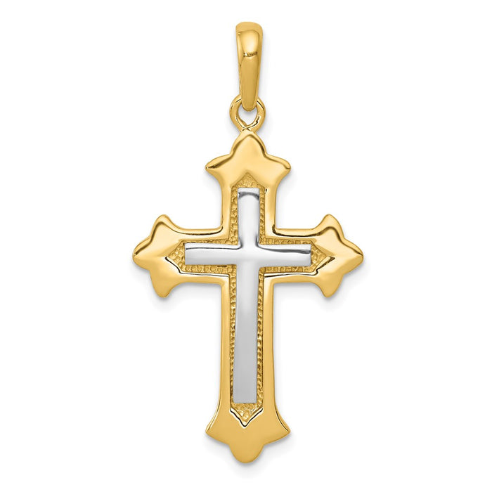 Million Charms 14K Yellow Gold Themed Two-Tone Fleur De Lis Relgious Cross Pendant