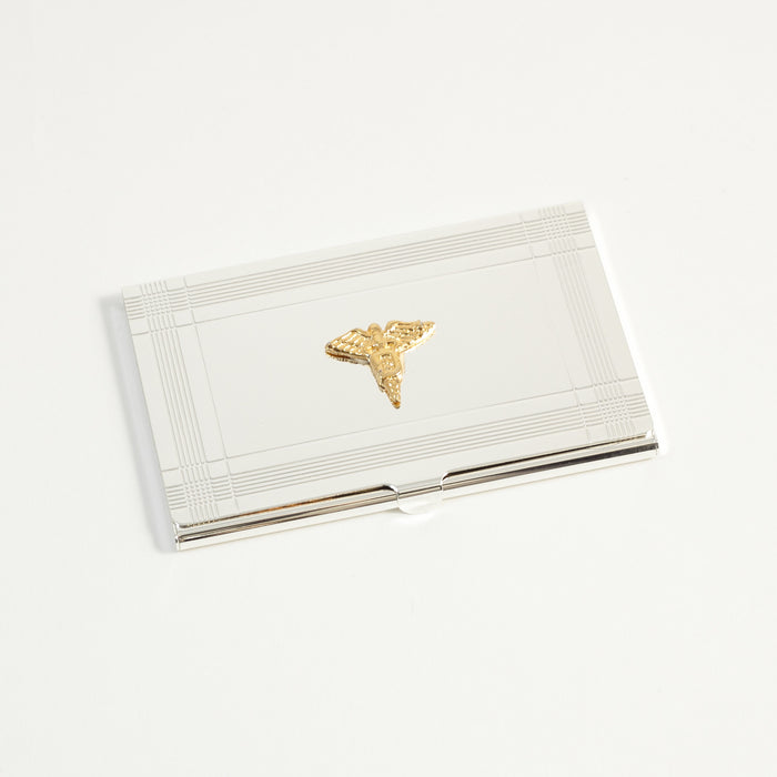 Occasion Gallery Silver Color Silver Plated Business Card Case with Gold Plated "Dental" Emblem. 3.85 L x 2.5 W x 0.15 H in.