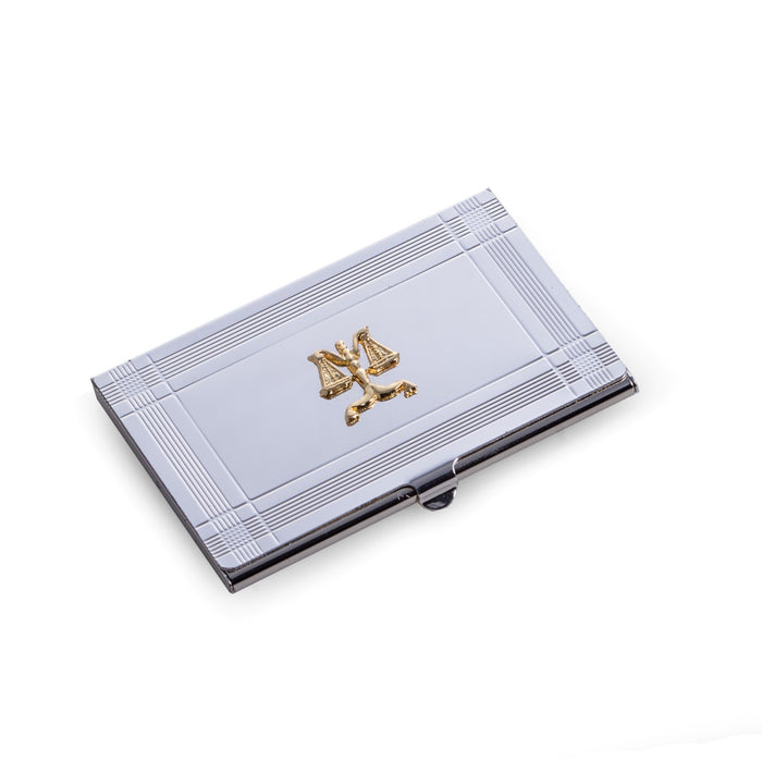 Occasion Gallery Silver Color Silver Plated Business Card Case with Gold Plated "Legal" Emblem. 3.85 L x 2.5 W x 0.15 H in.