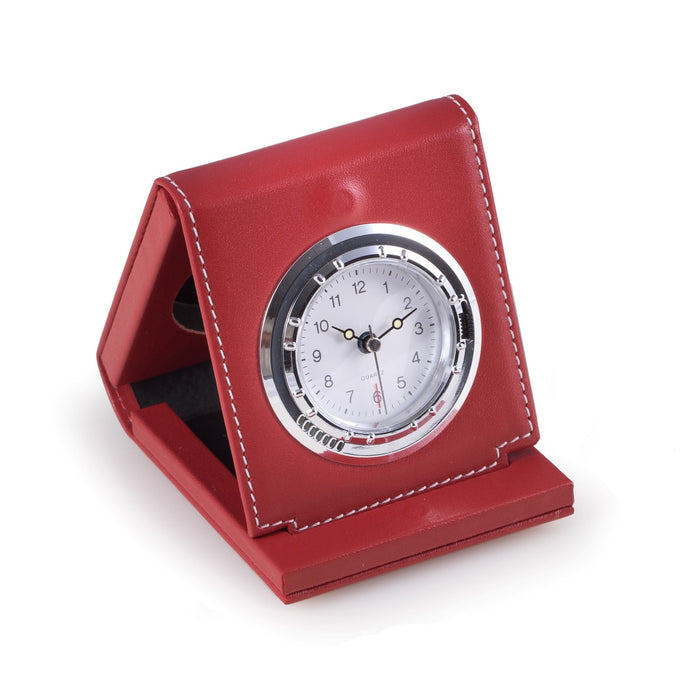 Occasion Gallery Red Color Red Leather Foldable Quartz Alarm Clock with Chrome Accents. 3 L x 4 W x 3.5 H in.