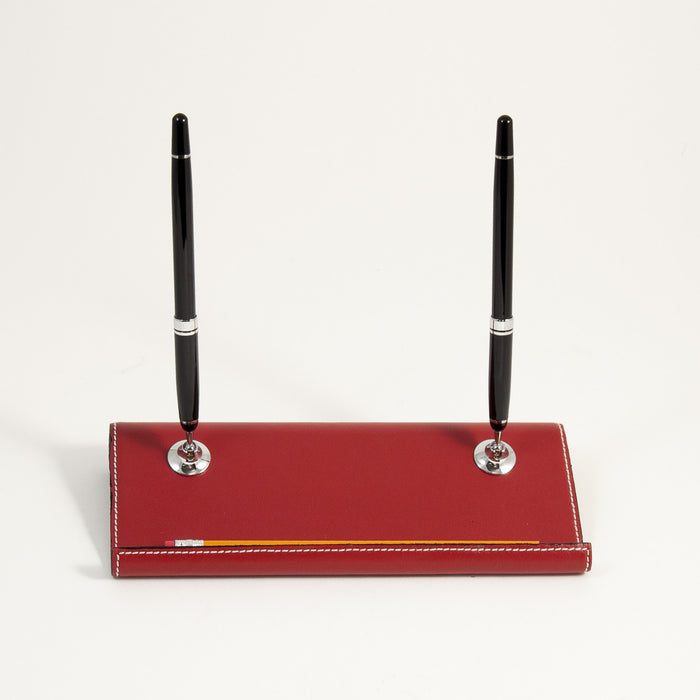 Occasion Gallery Red Color Red Leather Double Pen Stand with Chrome Accents. 9.5 L x 4 W x 1 H in.