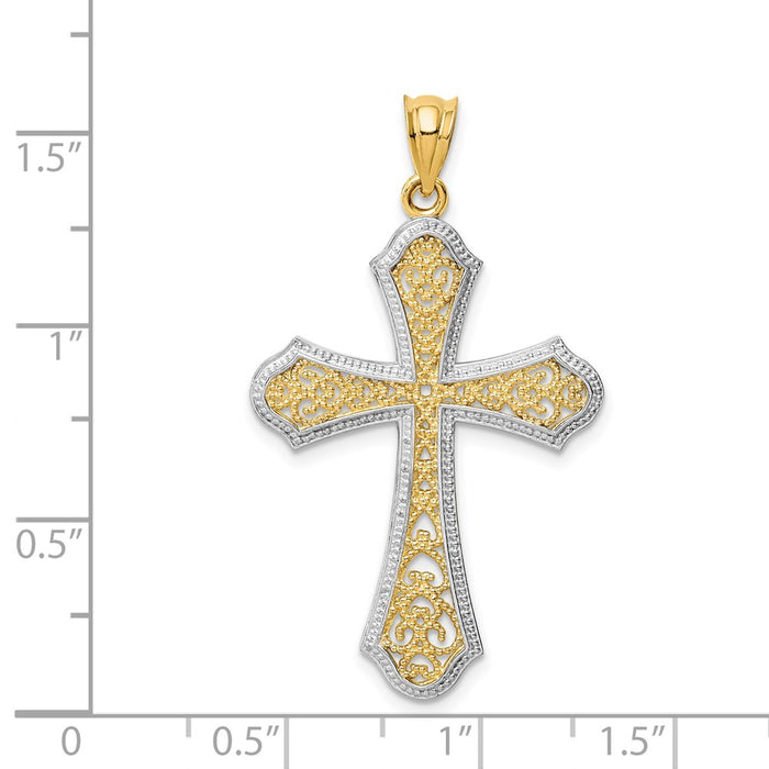 Million Charms 14K Yellow Gold Themed With Rhodium-plated Filigree Relgious Cross Pendant