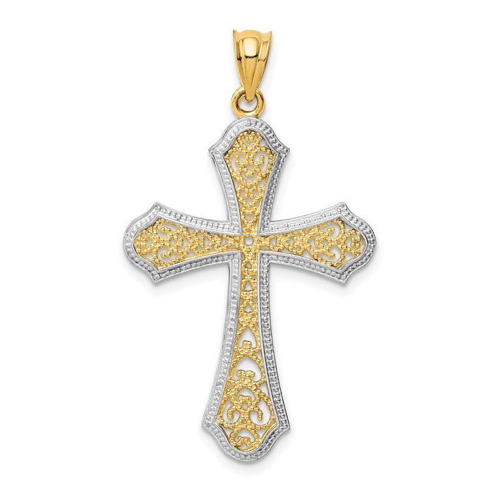 Million Charms 14K Yellow Gold Themed With Rhodium-plated Filigree Relgious Cross Pendant