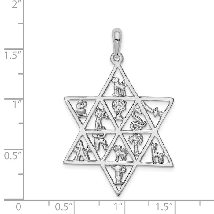 Million Charms 14K White Gold Themed 12 Tribes Religious Jewish Star Of David Pendant