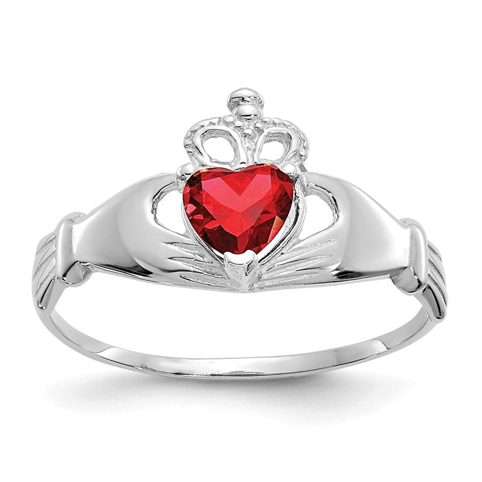 14k White Gold CZ January Birthstone Claddagh Heart Ring, Size: 7