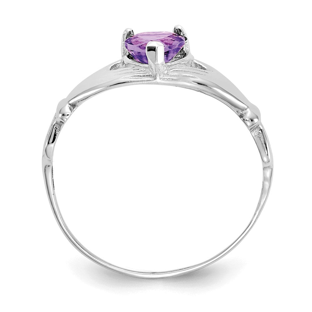 14k White Gold CZ February Birthstone Claddagh Heart Ring, Size: 7