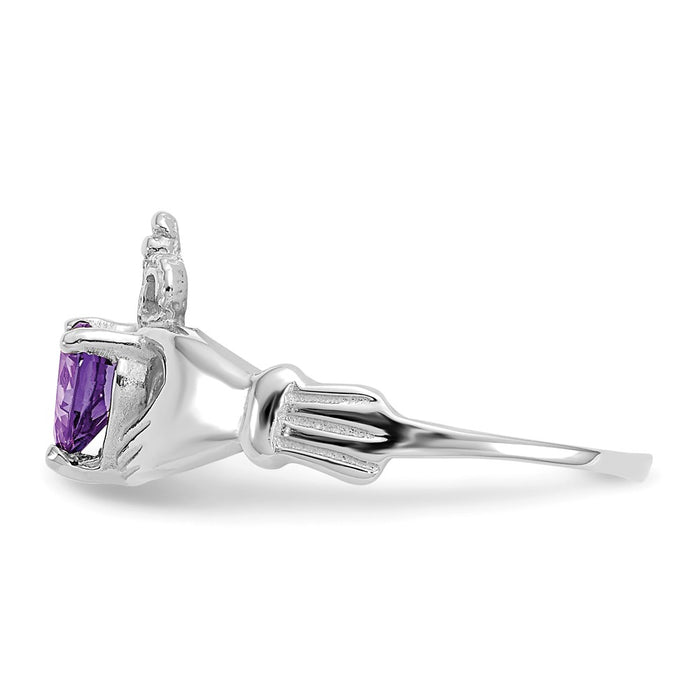 14k White Gold CZ February Birthstone Claddagh Heart Ring, Size: 7