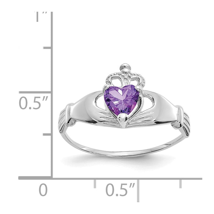 14k White Gold CZ February Birthstone Claddagh Heart Ring, Size: 7