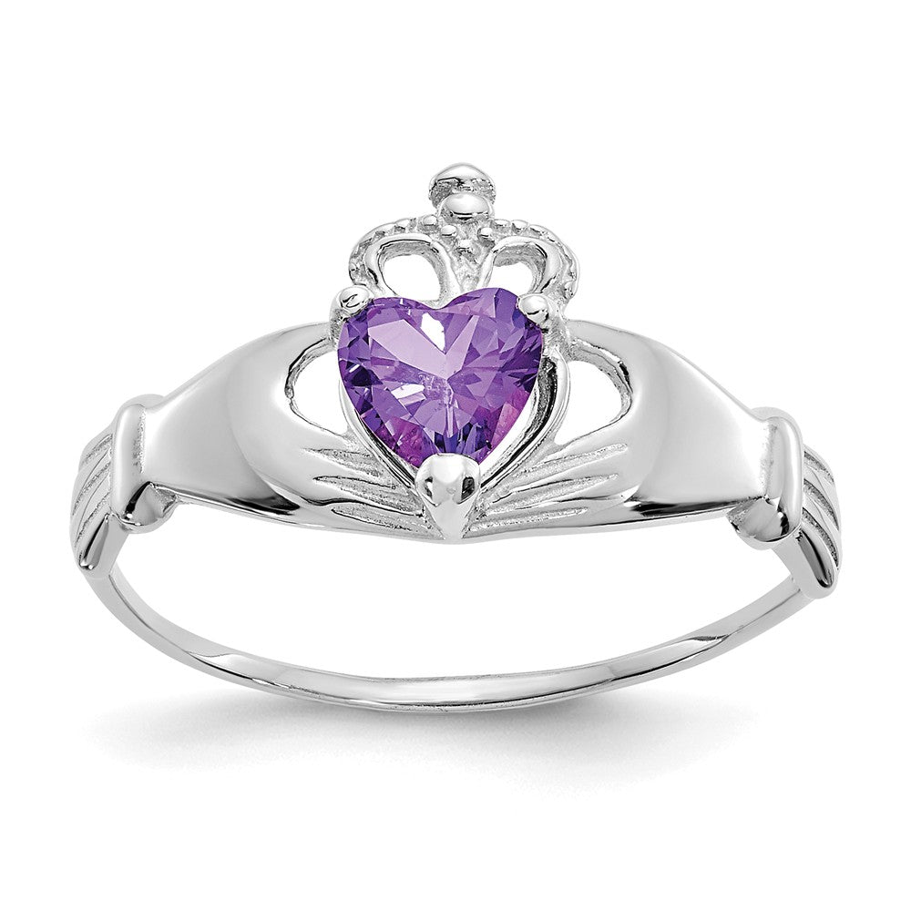 14k White Gold CZ February Birthstone Claddagh Heart Ring, Size: 7