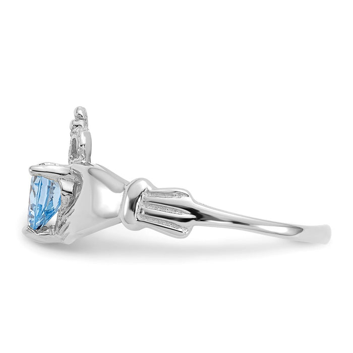 14k White Gold CZ March Birthstone Claddagh Heart Ring, Size: 6