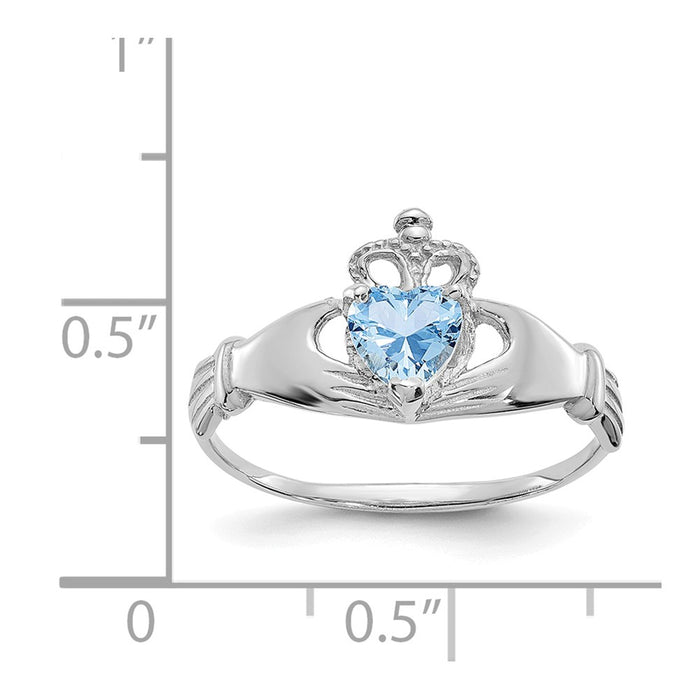 14k White Gold CZ March Birthstone Claddagh Heart Ring, Size: 6