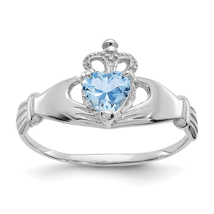 14k White Gold CZ March Birthstone Claddagh Heart Ring, Size: 6