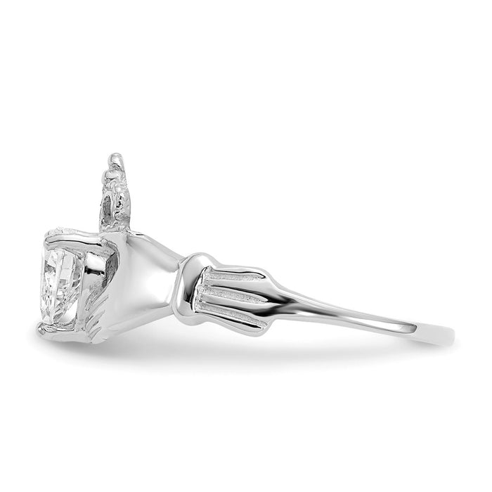 14k White Gold CZ April Birthstone Claddagh Heart Ring, Size: 7