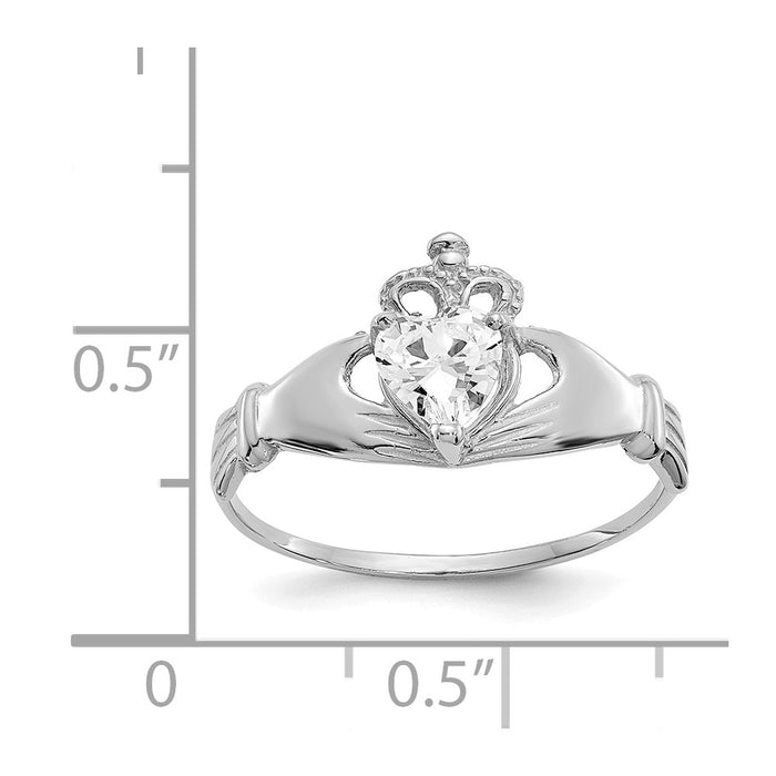 14k White Gold CZ April Birthstone Claddagh Heart Ring, Size: 7