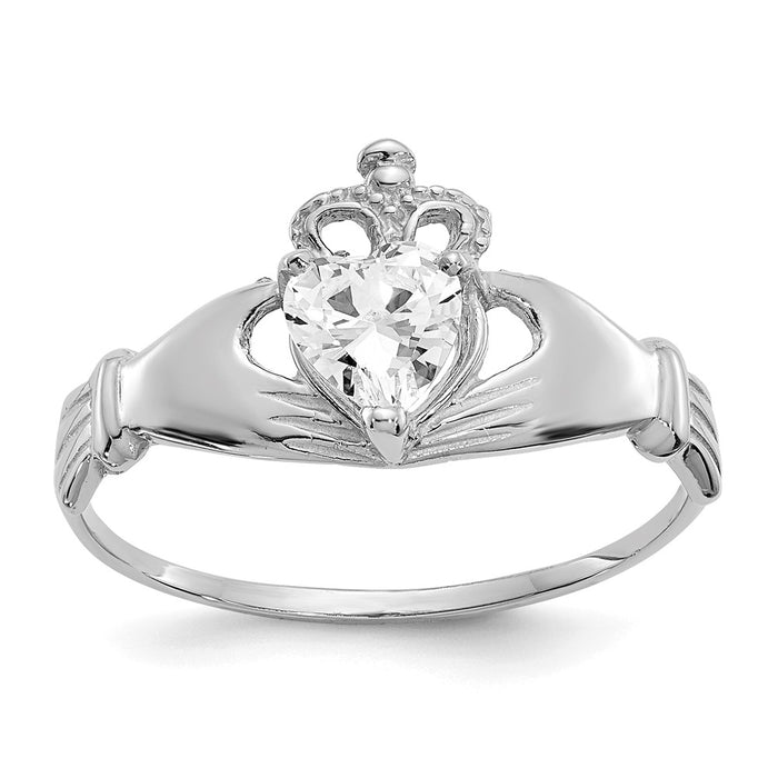 14k White Gold CZ April Birthstone Claddagh Heart Ring, Size: 7