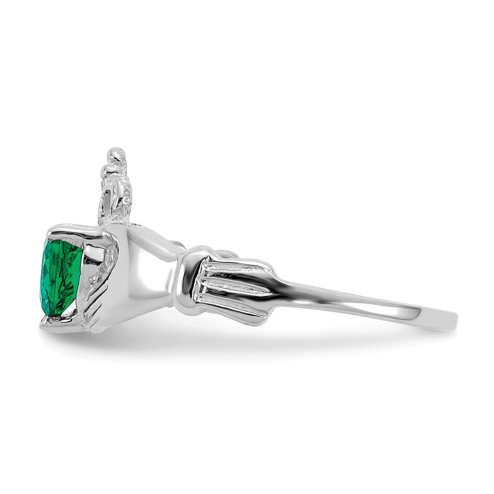 14k White Gold CZ May Birthstone Claddagh Heart Ring, Size: 7.5