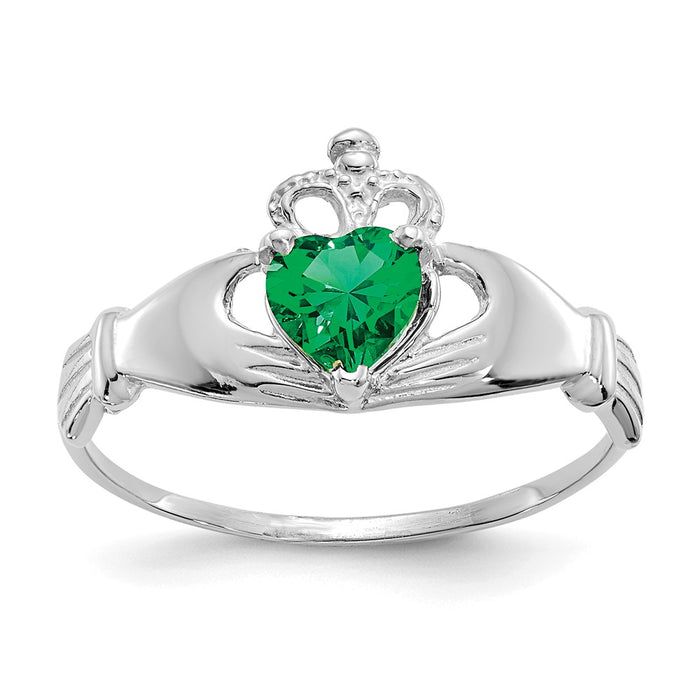 14k White Gold CZ May Birthstone Claddagh Heart Ring, Size: 7.5