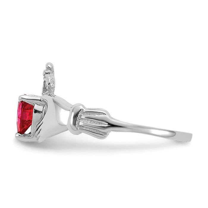 14k White Gold CZ July Birthstone Claddagh Heart Ring, Size: 7