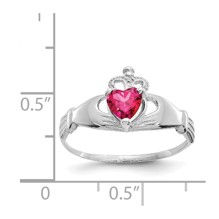 14k White Gold CZ July Birthstone Claddagh Heart Ring, Size: 7