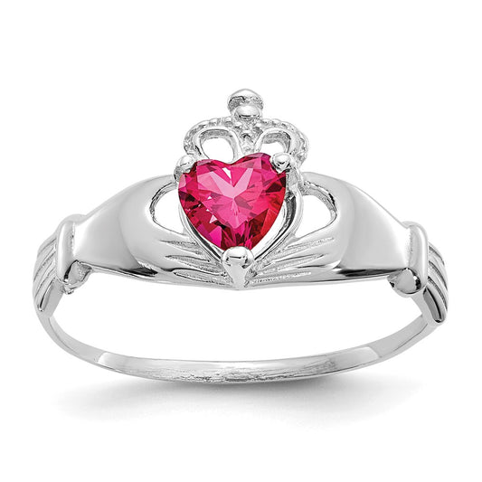 14k White Gold CZ July Birthstone Claddagh Heart Ring, Size: 7