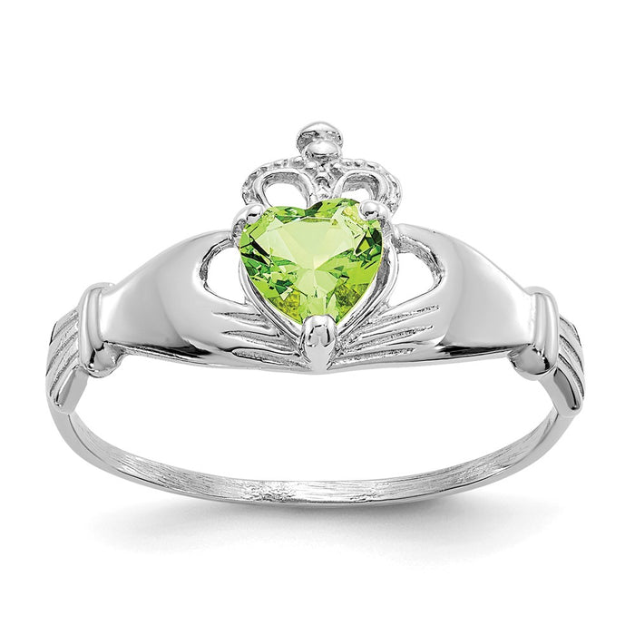 14k White Gold CZ August Birthstone Claddagh Heart Ring, Size: 7
