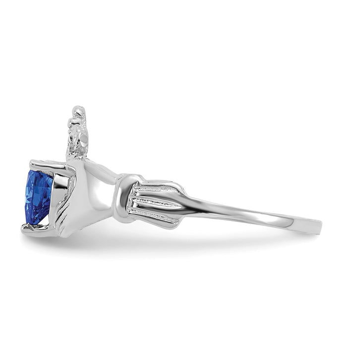 14k White Gold CZ September Birthstone Claddagh Heart Ring, Size: 7