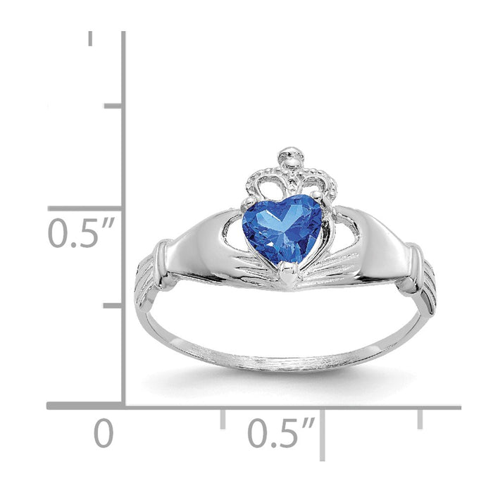 14k White Gold CZ September Birthstone Claddagh Heart Ring, Size: 7
