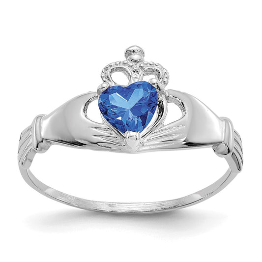 14k White Gold CZ September Birthstone Claddagh Heart Ring, Size: 7