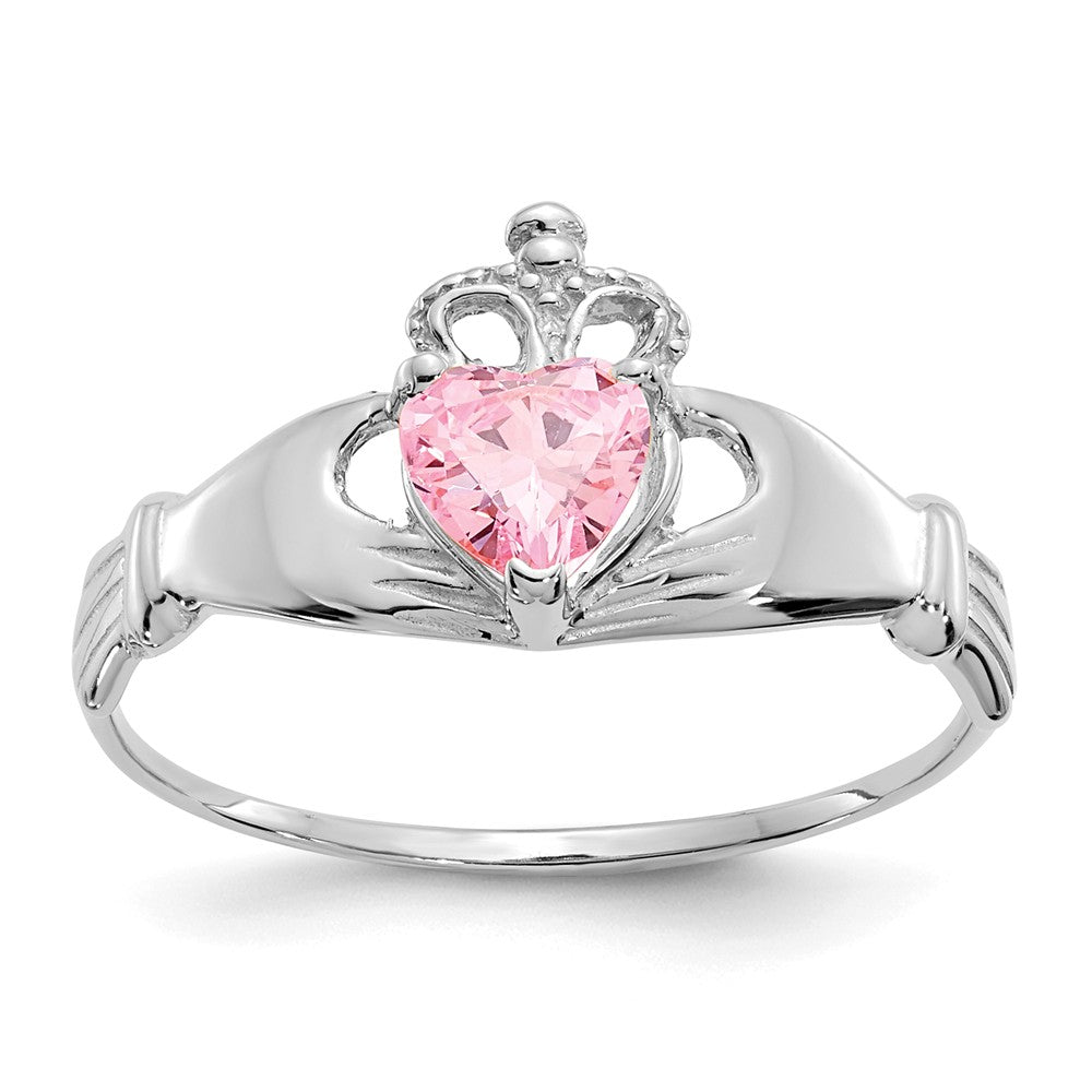 14k White Gold CZ October Birthstone Claddagh Heart Ring, Size: 7