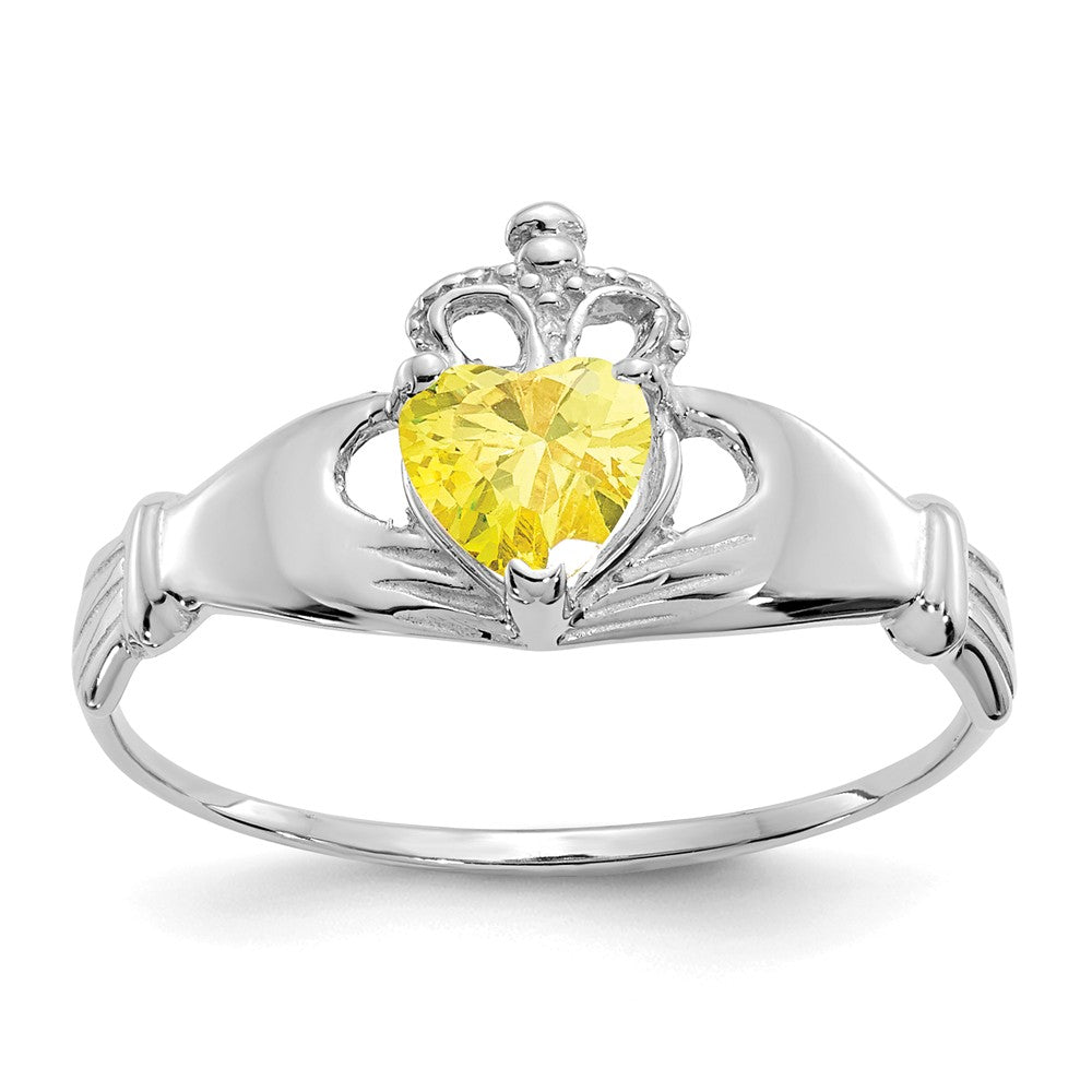 14k White Gold CZ November Birthstone Claddagh Heart Ring, Size: 7
