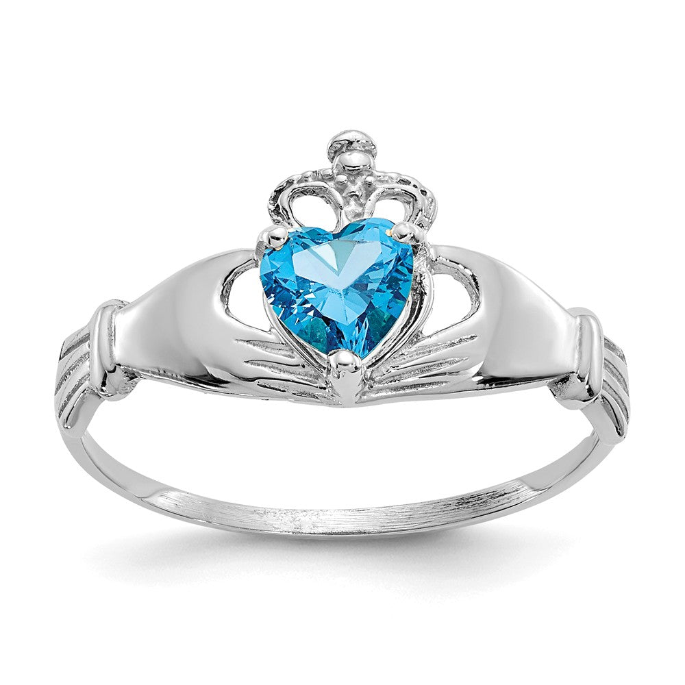 14k White Gold CZ December Birthstone Claddagh Heart Ring, Size: 7