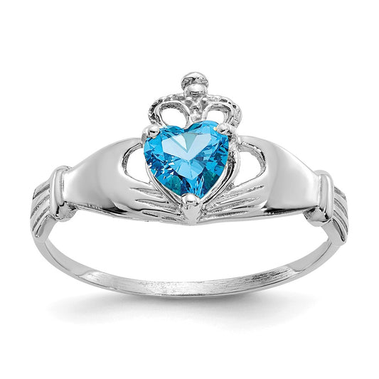 14k White Gold CZ December Birthstone Claddagh Heart Ring, Size: 7