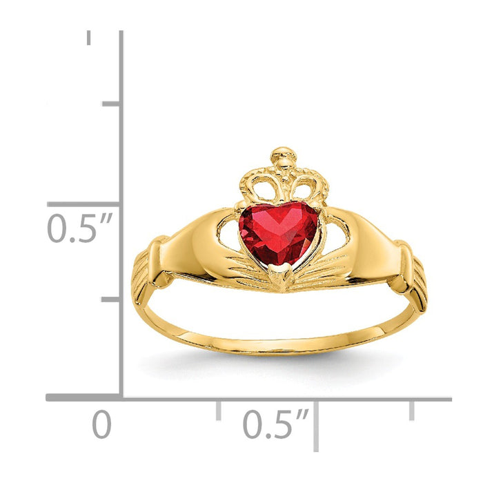 14k Yellow Gold CZ January Birthstone Claddagh Heart Ring, Size: 7