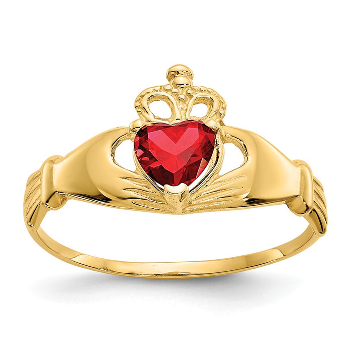 14k Yellow Gold CZ January Birthstone Claddagh Heart Ring, Size: 7