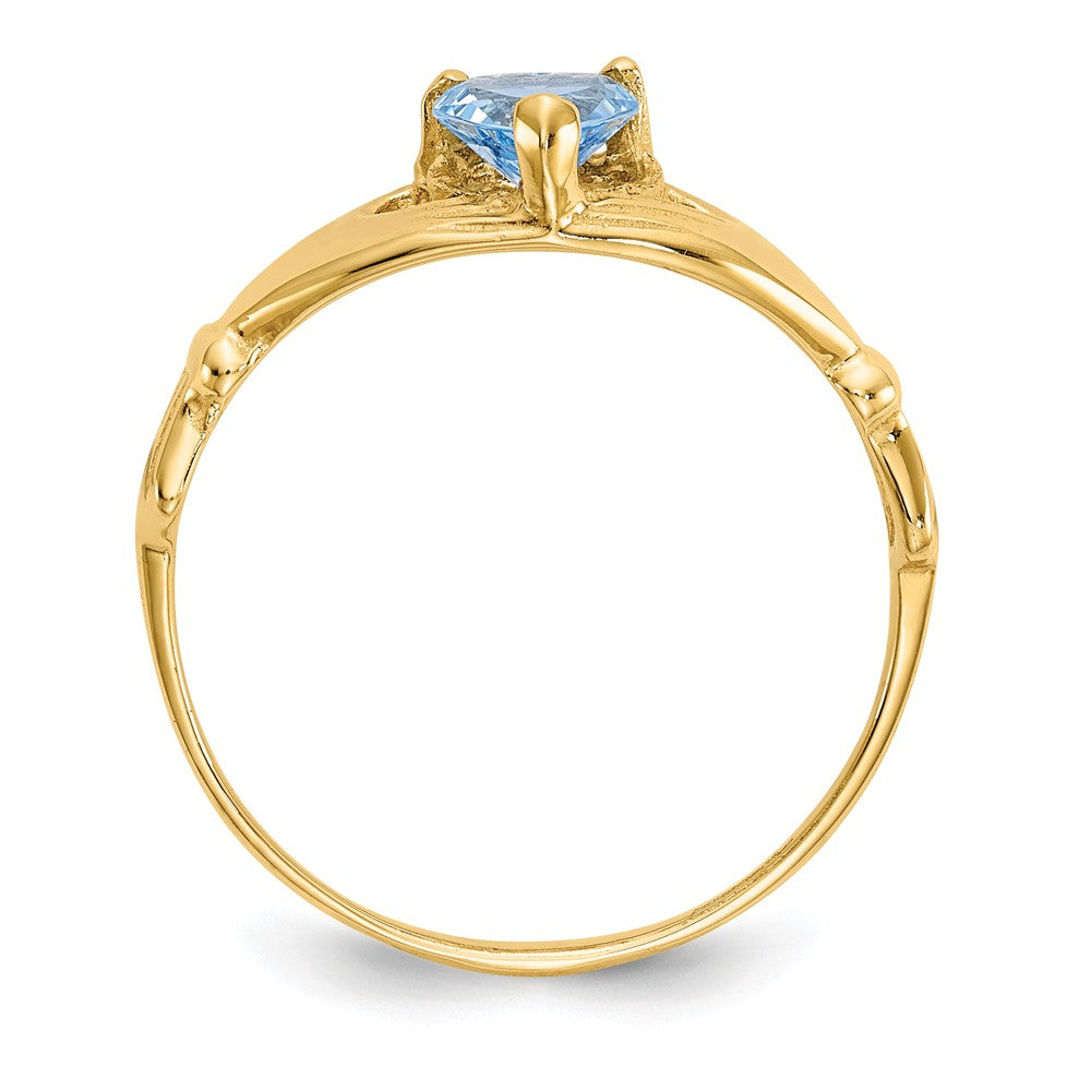 14k Yellow Gold CZ March Birthstone Claddagh Heart Ring, Size: 7