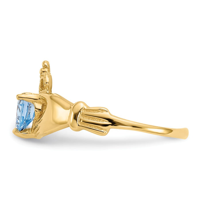 14k Yellow Gold CZ March Birthstone Claddagh Heart Ring, Size: 7