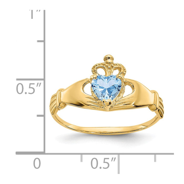 14k Yellow Gold CZ March Birthstone Claddagh Heart Ring, Size: 7