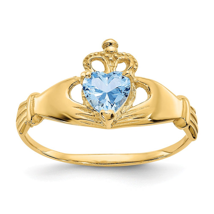 14k Yellow Gold CZ March Birthstone Claddagh Heart Ring, Size: 7