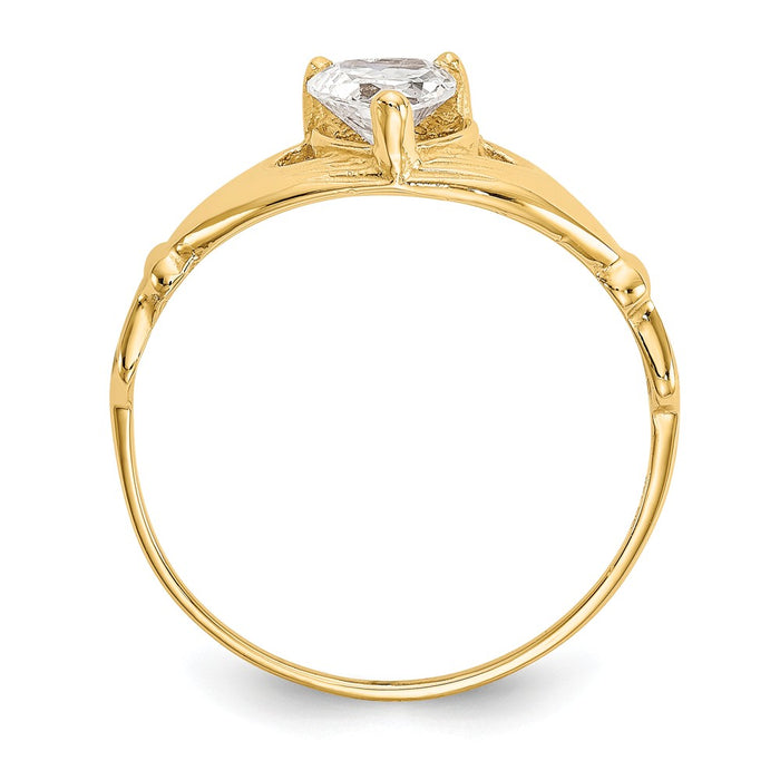 14k Yellow Gold CZ April Birthstone Claddagh Heart Ring, Size: 7