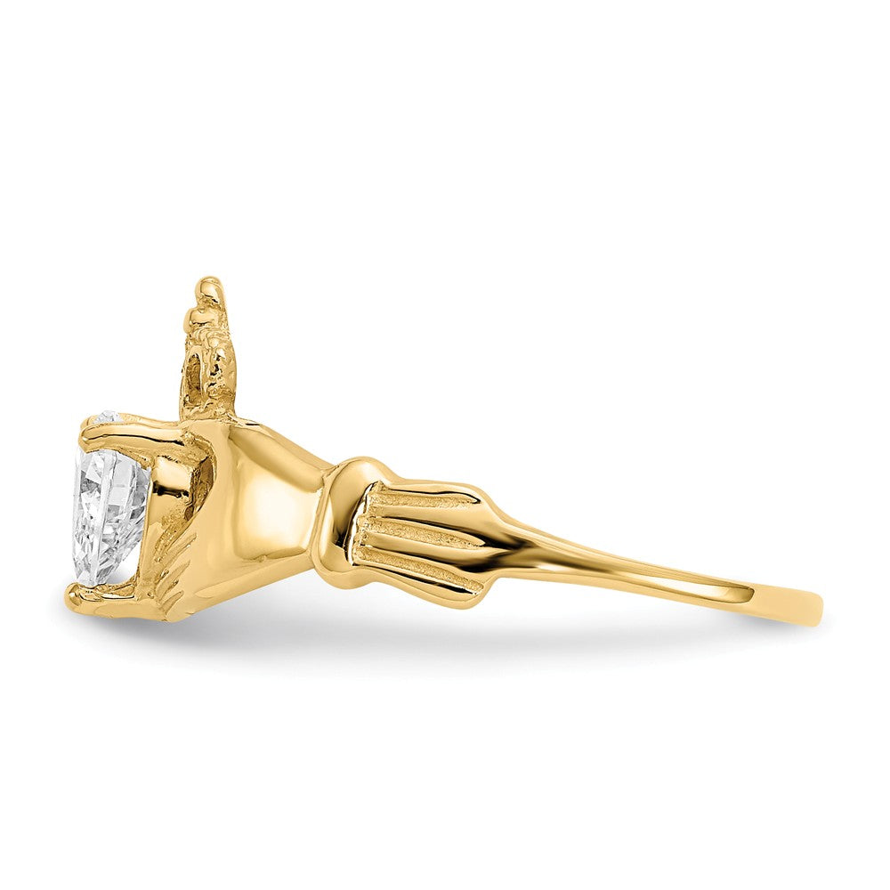 14k Yellow Gold CZ April Birthstone Claddagh Heart Ring, Size: 7