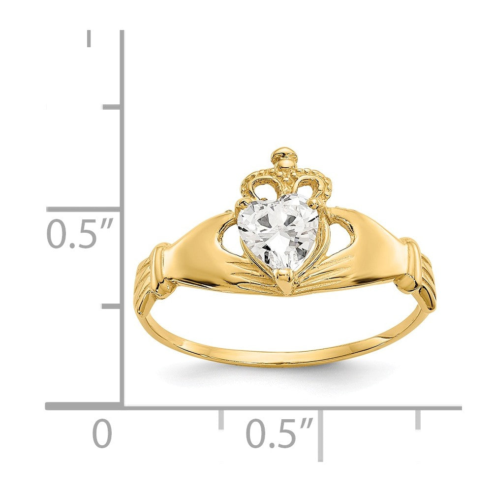 14k Yellow Gold CZ April Birthstone Claddagh Heart Ring, Size: 7