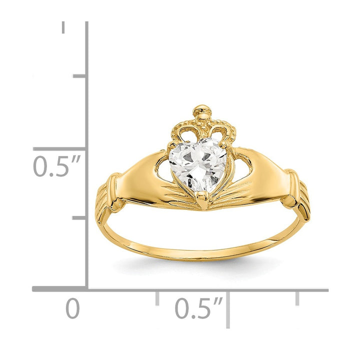 14k Yellow Gold CZ April Birthstone Claddagh Heart Ring, Size: 7