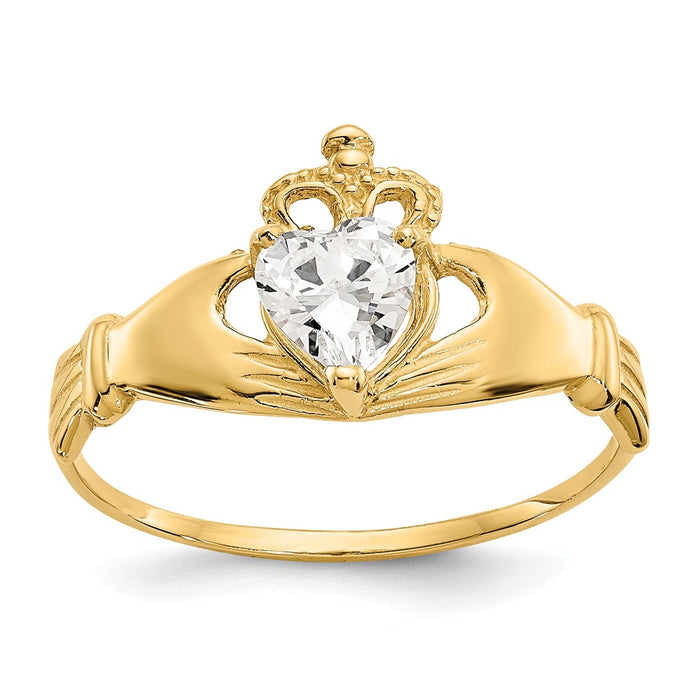 14k Yellow Gold CZ April Birthstone Claddagh Heart Ring, Size: 7