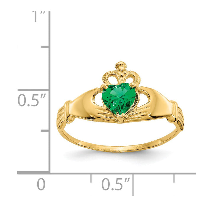 14k Yellow Gold CZ May Birthstone Claddagh Heart Ring, Size: 7