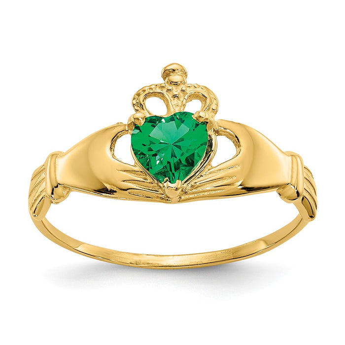 14k Yellow Gold CZ May Birthstone Claddagh Heart Ring, Size: 7